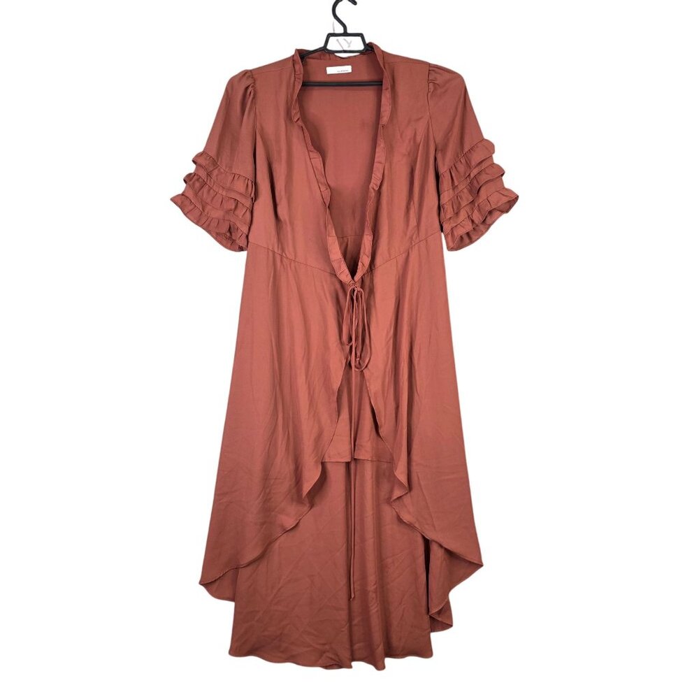Womens June & Hudson Rust High-Low Maxi Wrap Dress Ruffled Sleeves & Tie Waist L